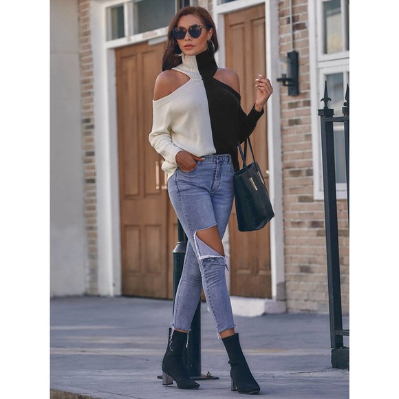 Ribbed Two Toned cold Shoulder cutout Turtleneck Sweater white black - Picture 5 of 6